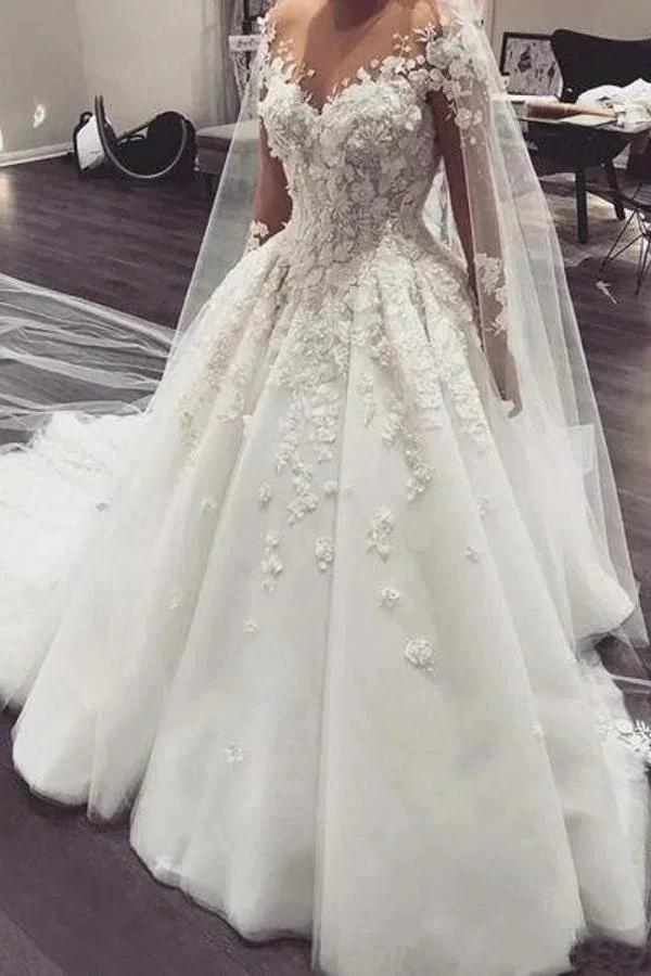 Elegant Long A-Line Bateau Appliques Lace Wedding Dress with Sleeves by BIZTUNNEL