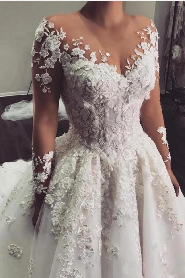 Elegant Long A-Line Bateau Appliques Lace Wedding Dress with Sleeves by BIZTUNNEL
