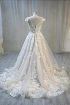 Elegant Long A-Line Bateau Backless Appliques Lace Tulle Wedding Dress by BIZTUNNEL