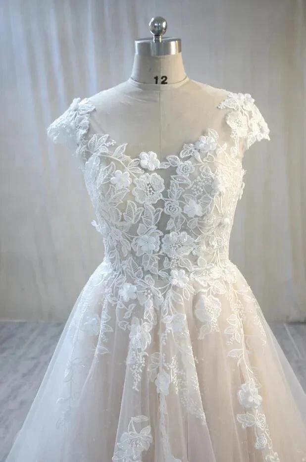 Elegant Long A-Line Bateau Backless Appliques Lace Tulle Wedding Dress by BIZTUNNEL