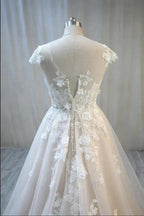 Elegant Long A-Line Bateau Backless Appliques Lace Tulle Wedding Dress by BIZTUNNEL