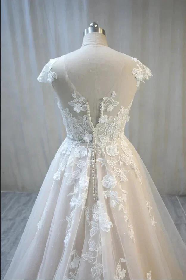 Elegant Long A-Line Bateau Backless Appliques Lace Tulle Wedding Dress by BIZTUNNEL