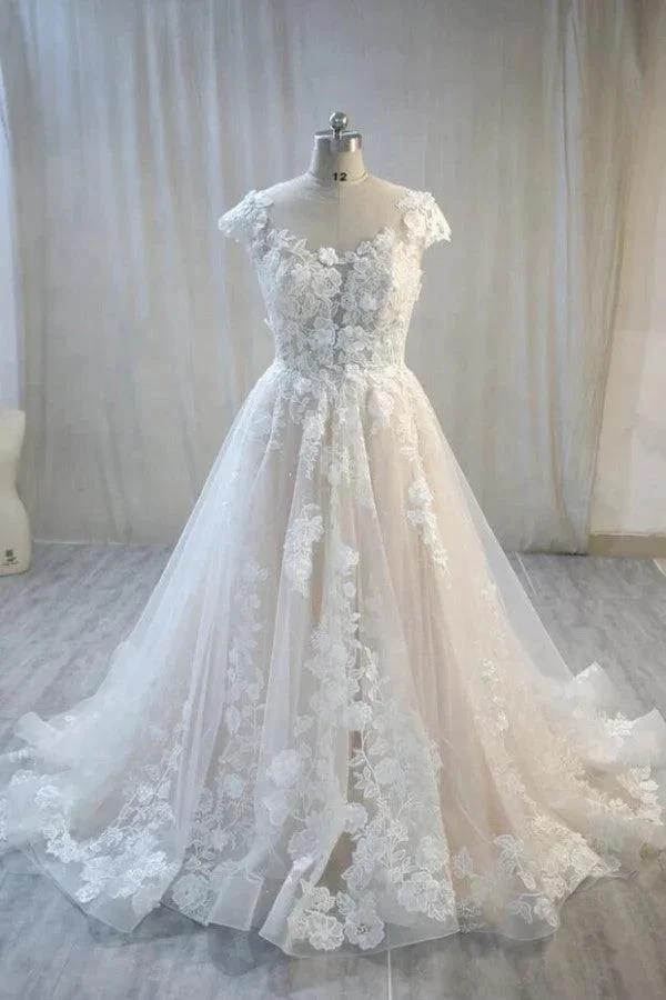Elegant Long A-Line Bateau Backless Appliques Lace Tulle Wedding Dress by BIZTUNNEL