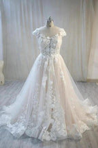 Elegant Long A-Line Bateau Backless Appliques Lace Tulle Wedding Dress by BIZTUNNEL
