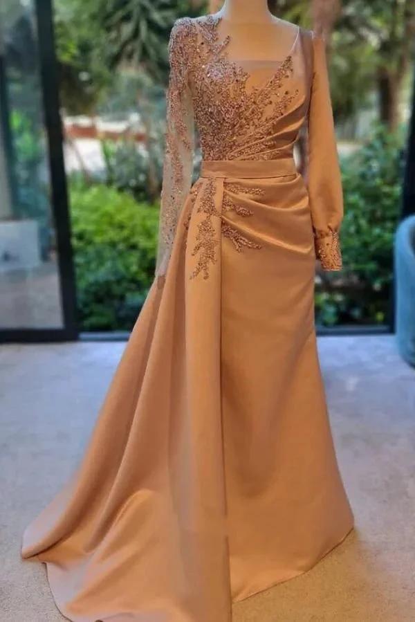Elegant Long A-line Bateau Lace Ruffles Satin Prom Dress with Sleeves by BIZTUNNEL
