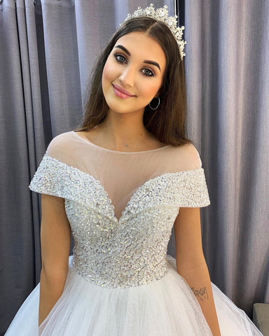Elegant Long A-Line Bateau Sequins Crystal Tulle Train Wedding Dress with Sleeves