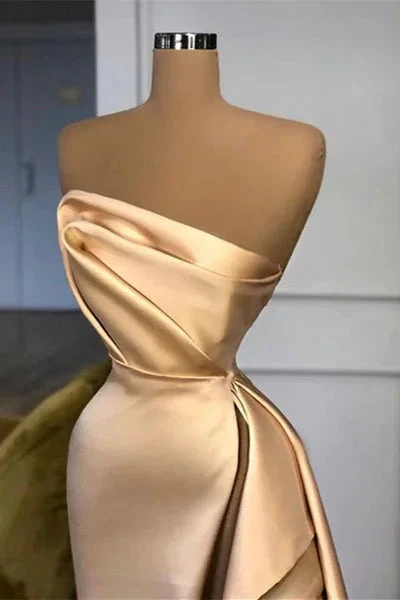 Elegant Long A-line Champagne Strapless Prom Dress With Slit by misshow.com
