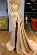 Elegant Long A-line Champagne Strapless Prom Dress With Slit by misshow.com