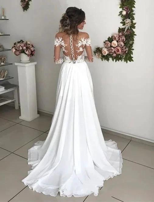 Elegant Long A-line Chiffon Lace Long Sleeves Wedding Dress with Slit by BIZTUNNEL
