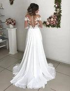 Elegant Long A-line Chiffon Lace Long Sleeves Wedding Dress with Slit by BIZTUNNEL