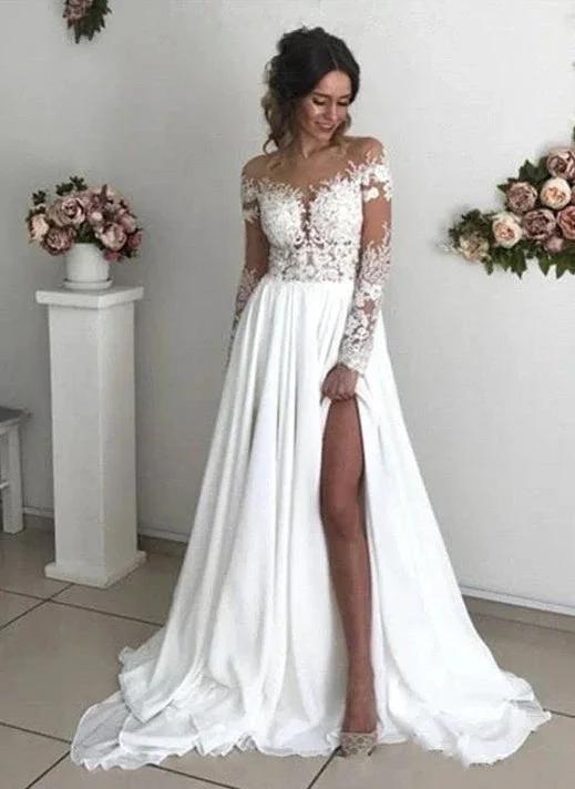 Elegant Long A-line Chiffon Lace Long Sleeves Wedding Dress with Slit by BIZTUNNEL