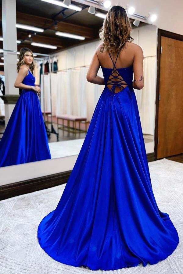 Elegant Long A-line Halter Satin Front Slit Backless Prom Dress with Pocktes by BIZTUNNEL