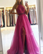 Elegant Long A-Line Halter Tulle Prom Dress With Slit by BIZTUNNEL