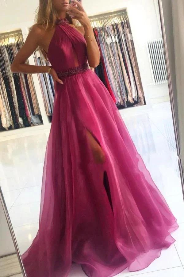 Elegant Long A-Line Halter Tulle Prom Dress With Slit by BIZTUNNEL