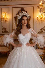 Elegant Long A-line Lace Appliques Tulle Wedding Dresses With Sleeves by misshow.com