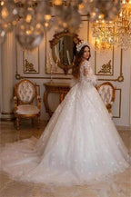 Elegant Long A-line Lace Appliques Tulle Wedding Dresses With Sleeves by misshow.com