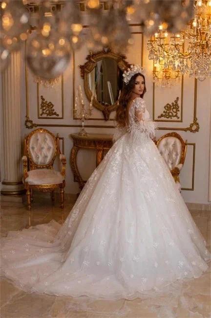 Elegant Long A-line Lace Appliques Tulle Wedding Dresses With Sleeves by misshow.com