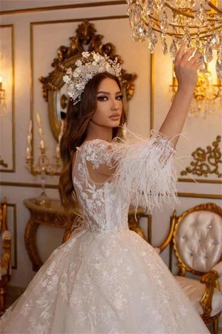 Elegant Long A-line Lace Appliques Tulle Wedding Dresses With Sleeves by misshow.com