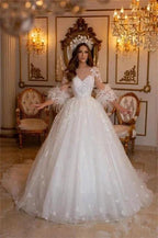Elegant Long A-line Lace Appliques Tulle Wedding Dresses With Sleeves by misshow.com