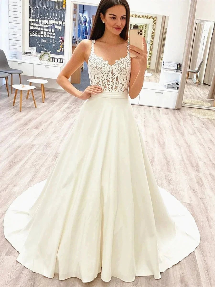 Elegant Long A-line Lace Satin Sleeveless Wedding Dresses by BIZTUNNEL