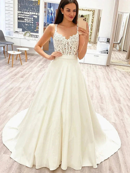 Elegant Long A-line Lace Satin Sleeveless Wedding Dresses by BIZTUNNEL