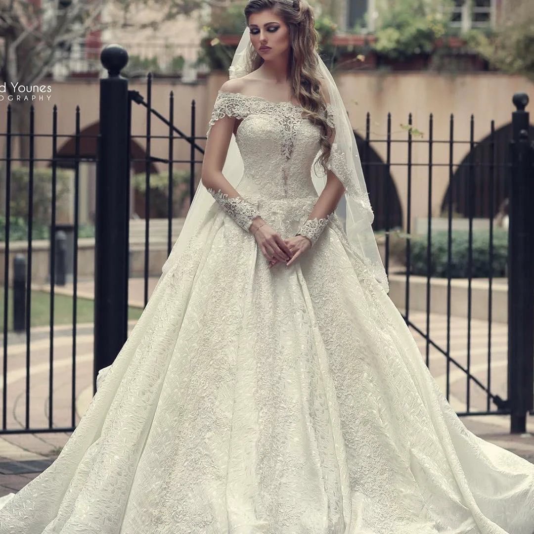 Elegant Long A-Line Off-the-Shoulder Backless Appliques Lace Wedding Dress with Sleeves by BIZTUNNEL