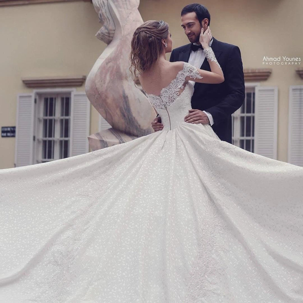 Elegant Long A-Line Off-the-Shoulder Backless Appliques Lace Wedding Dress with Sleeves by BIZTUNNEL