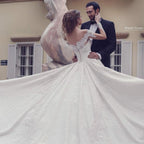 Elegant Long A-Line Off-the-Shoulder Backless Appliques Lace Wedding Dress with Sleeves by BIZTUNNEL