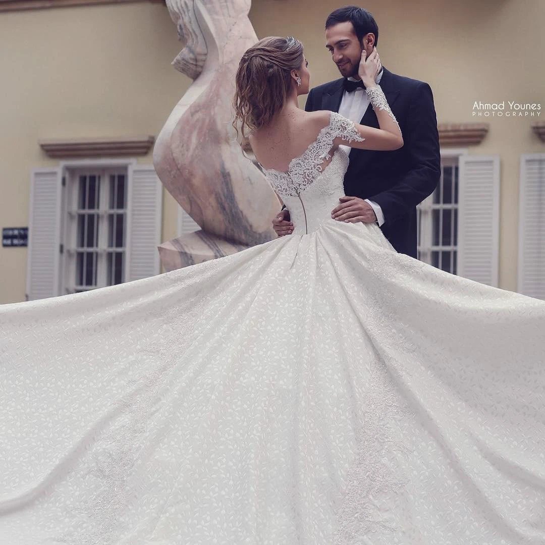 Elegant Long A-Line Off-the-Shoulder Backless Appliques Lace Wedding Dress with Sleeves by BIZTUNNEL