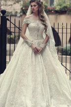 Elegant Long A-Line Off-the-Shoulder Backless Appliques Lace Wedding Dress with Sleeves by BIZTUNNEL