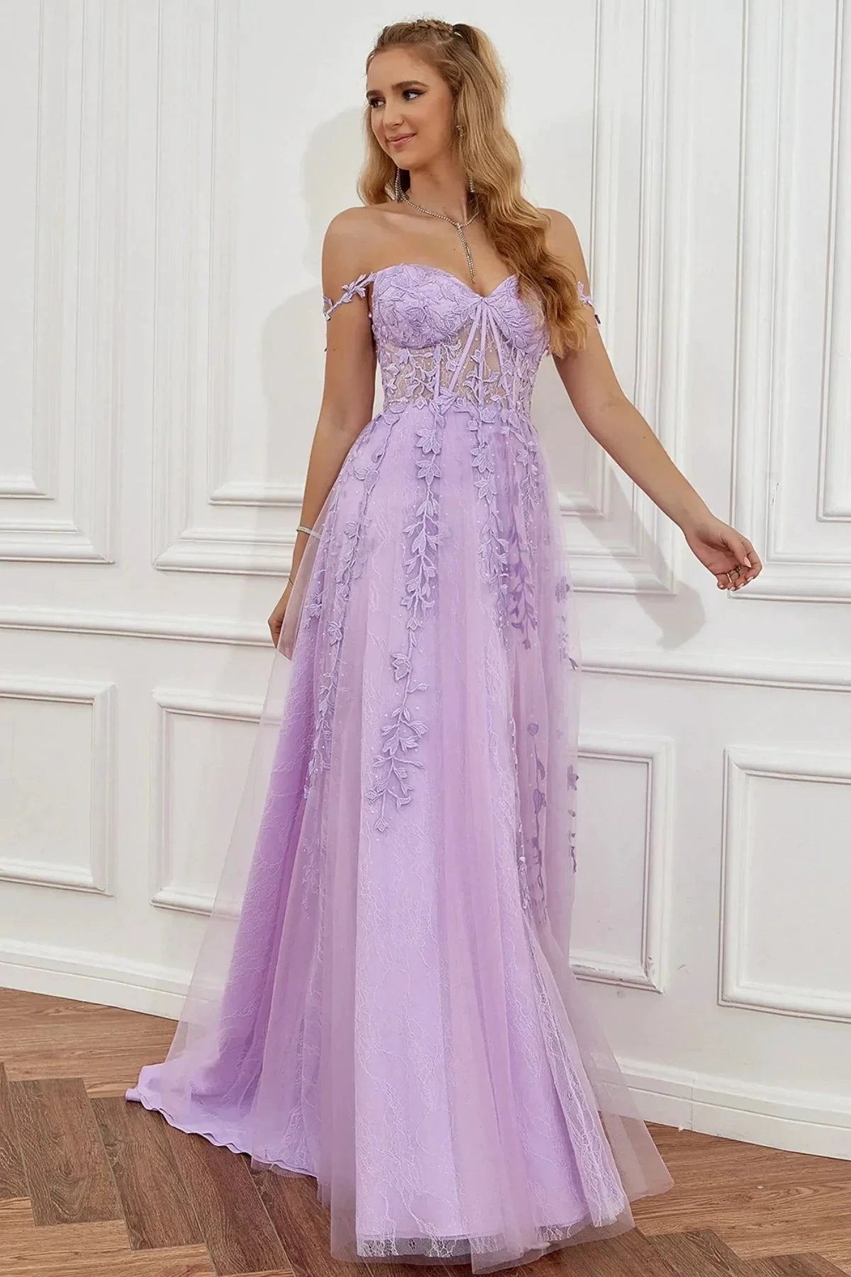Elegant Long A-line Off The Shoulder Lace Tulle Formal Graduation Prom Dresses with Slit by BIZTUNNEL