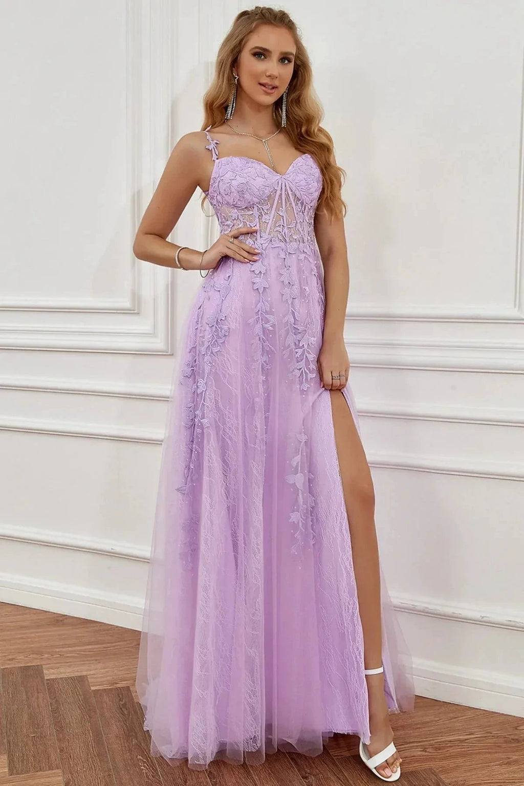Elegant Long A-line Off The Shoulder Lace Tulle Formal Graduation Prom Dresses with Slit by BIZTUNNEL