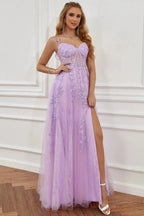 Elegant Long A-line Off The Shoulder Lace Tulle Formal Graduation Prom Dresses with Slit by BIZTUNNEL