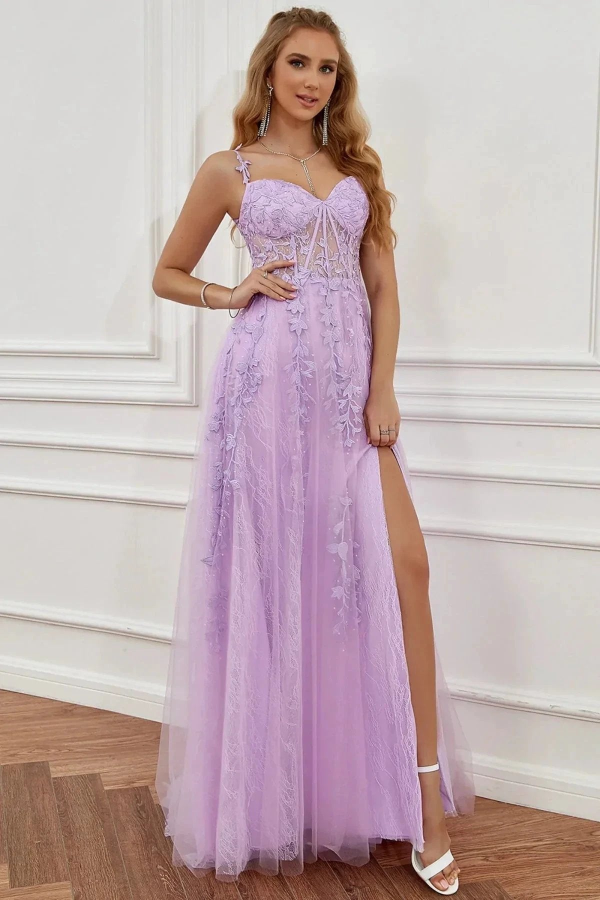 Elegant Long A-line Off The Shoulder Lace Tulle Formal Graduation Prom Dresses with Slit by BIZTUNNEL