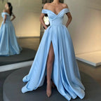 Elegant Long A-line Off the Shoulder Satin Formal Prom Dresses with Slit by BIZTUNNEL