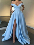 Elegant Long A-line Off the Shoulder Satin Formal Prom Dresses with Slit by BIZTUNNEL