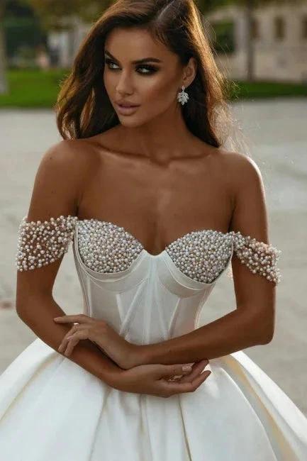 Elegant Long A-line Off-the-shoulder Sleeveless Wedding Dresses With Beads by misshow.com