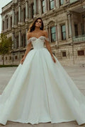 Elegant Long A-line Off-the-shoulder Sleeveless Wedding Dresses With Beads by misshow.com