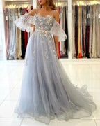Elegant Long A-line Off the Shoulder Tulle Formal Prom Dress with Sleeves by BIZTUNNEL