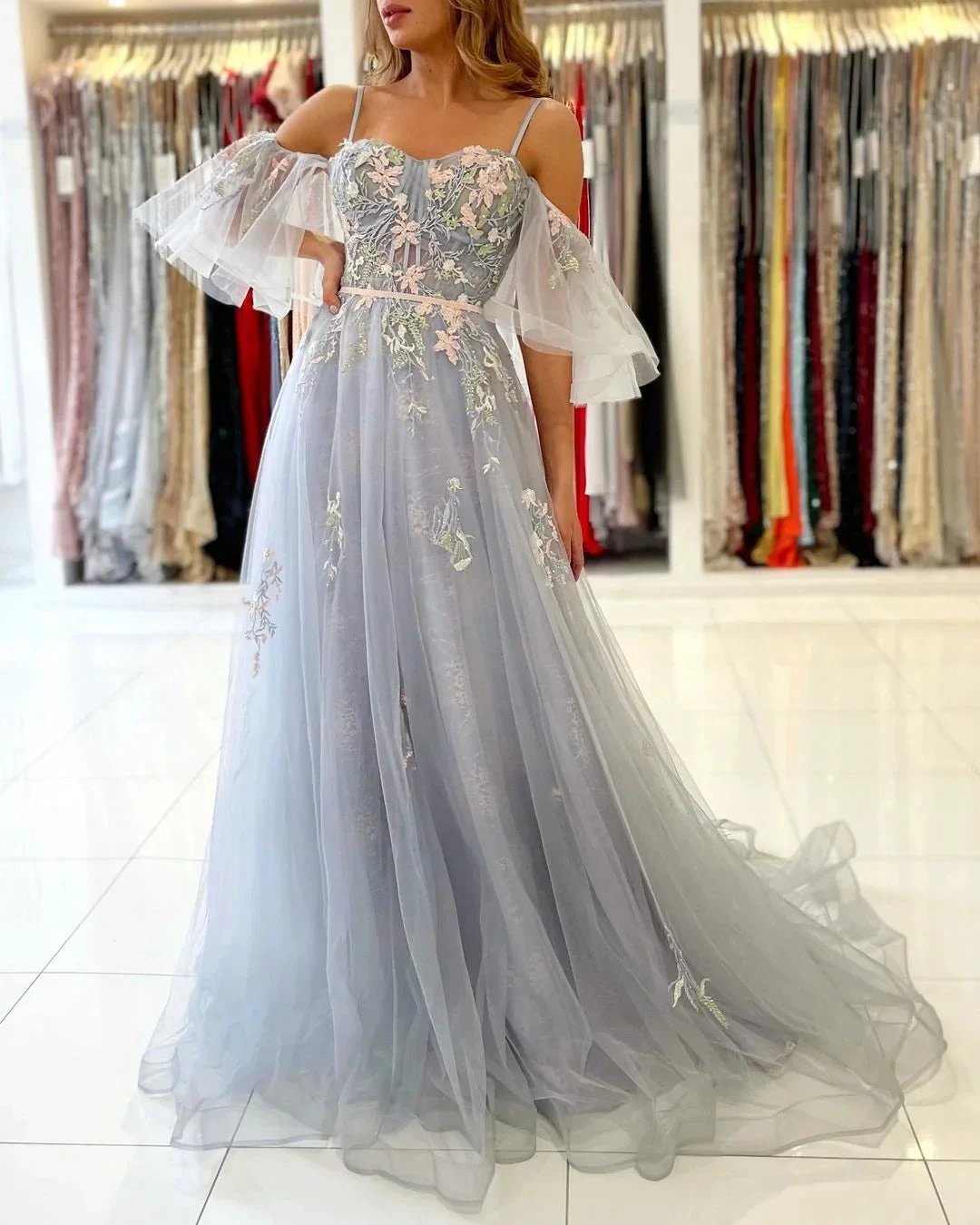 Elegant Long A-line Off the Shoulder Tulle Formal Prom Dress with Sleeves by BIZTUNNEL