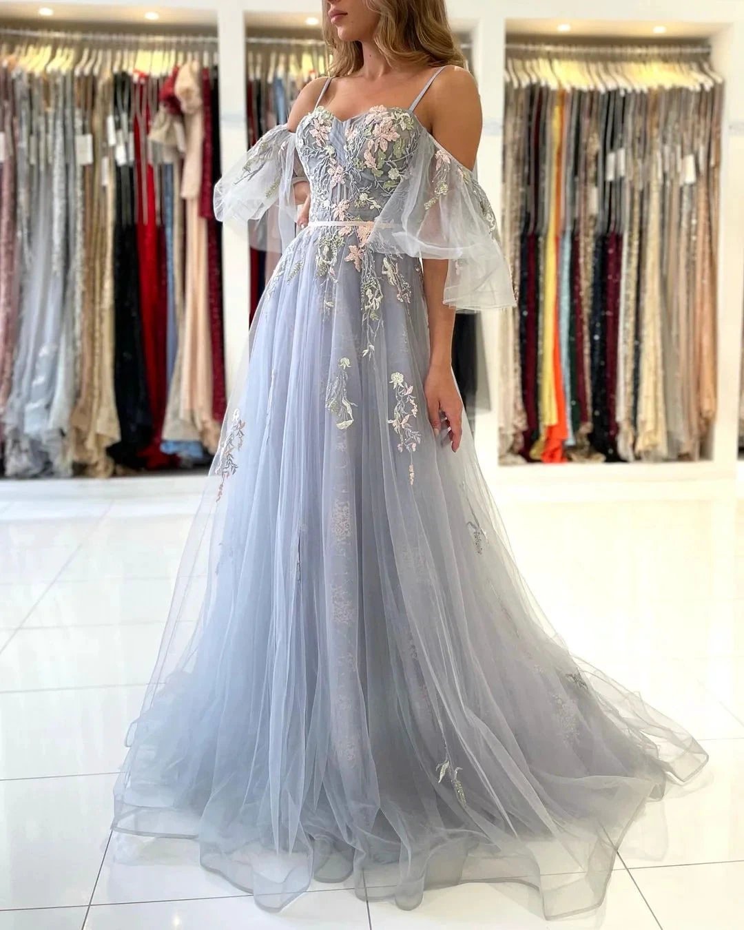 Elegant Long A-line Off the Shoulder Tulle Formal Prom Dress with Sleeves by BIZTUNNEL