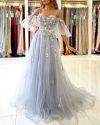 Elegant Long A-line Off the Shoulder Tulle Formal Prom Dress with Sleeves by BIZTUNNEL
