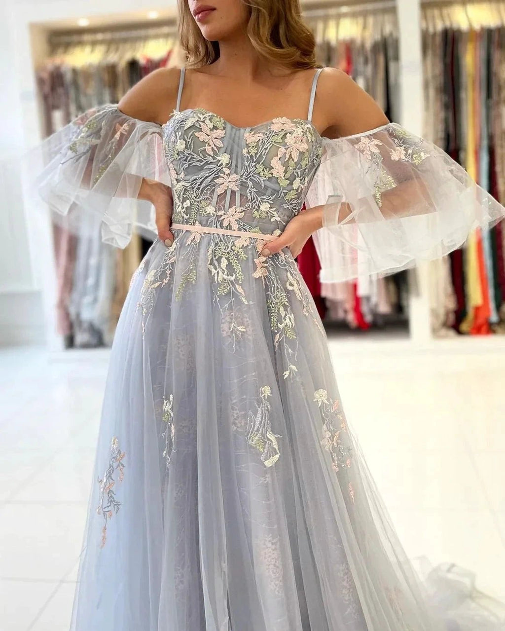 Elegant Long A-line Off the Shoulder Tulle Formal Prom Dress with Sleeves by BIZTUNNEL