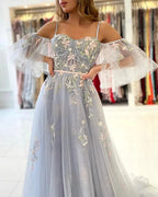 Elegant Long A-line Off the Shoulder Tulle Formal Prom Dress with Sleeves by BIZTUNNEL