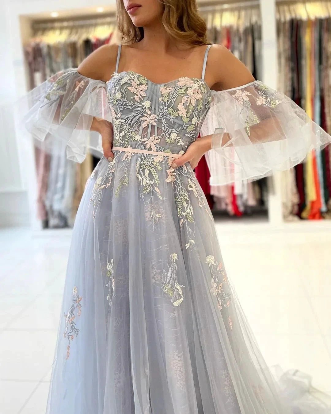 Elegant Long A-line Off the Shoulder Tulle Formal Prom Dress with Sleeves by BIZTUNNEL