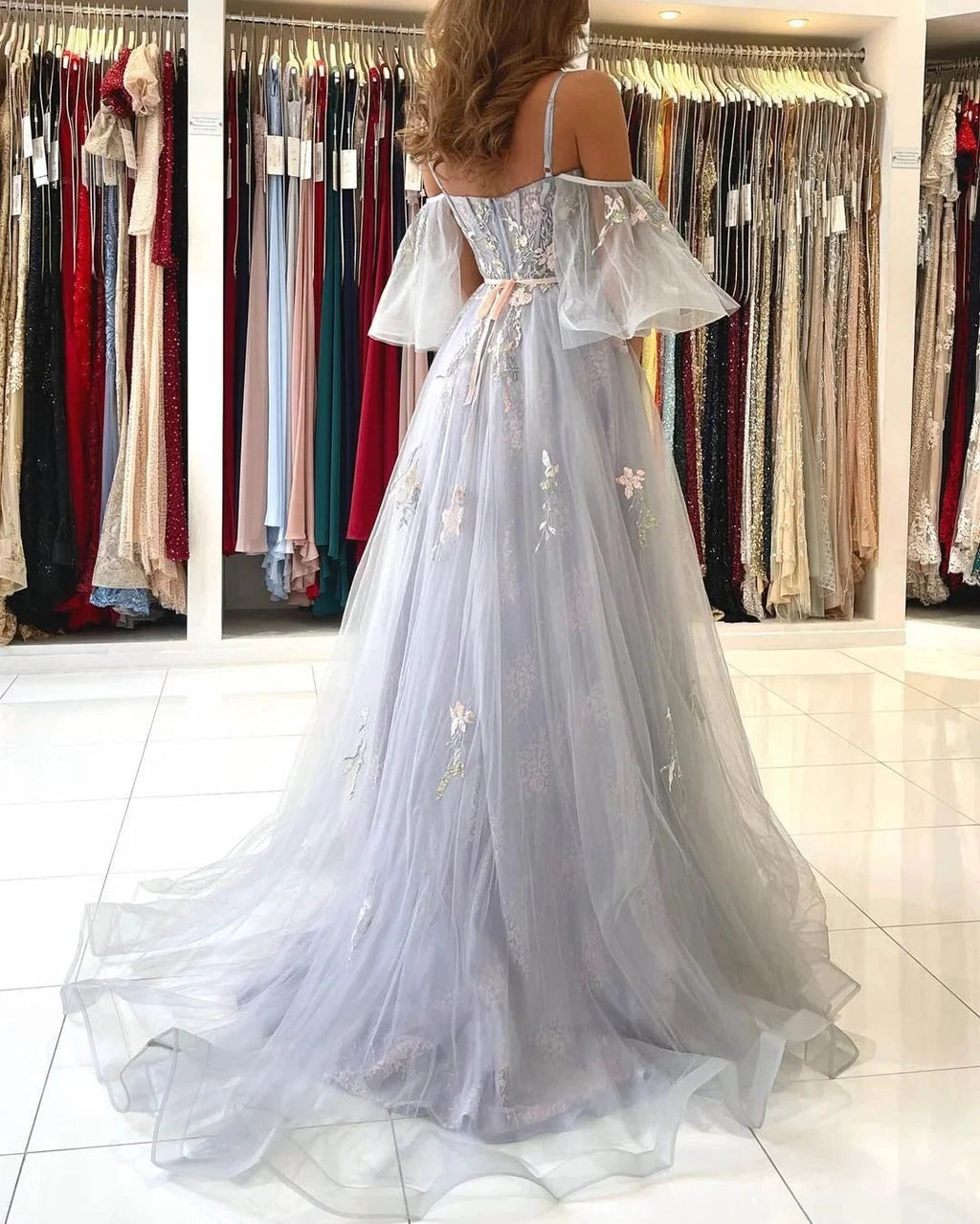 Elegant Long A-line Off the Shoulder Tulle Formal Prom Dress with Sleeves by BIZTUNNEL