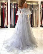 Elegant Long A-line Off the Shoulder Tulle Formal Prom Dress with Sleeves by BIZTUNNEL