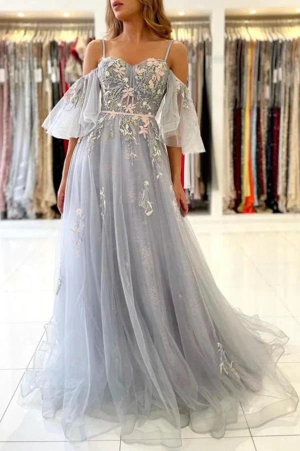 Elegant Long A-line Off the Shoulder Tulle Formal Prom Dress with Sleeves by BIZTUNNEL
