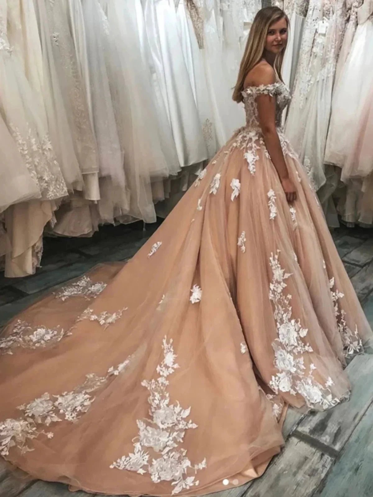 Elegant Long A-line Off the Shoulder Tulle Lace Graduation Prom Dresses by BIZTUNNEL