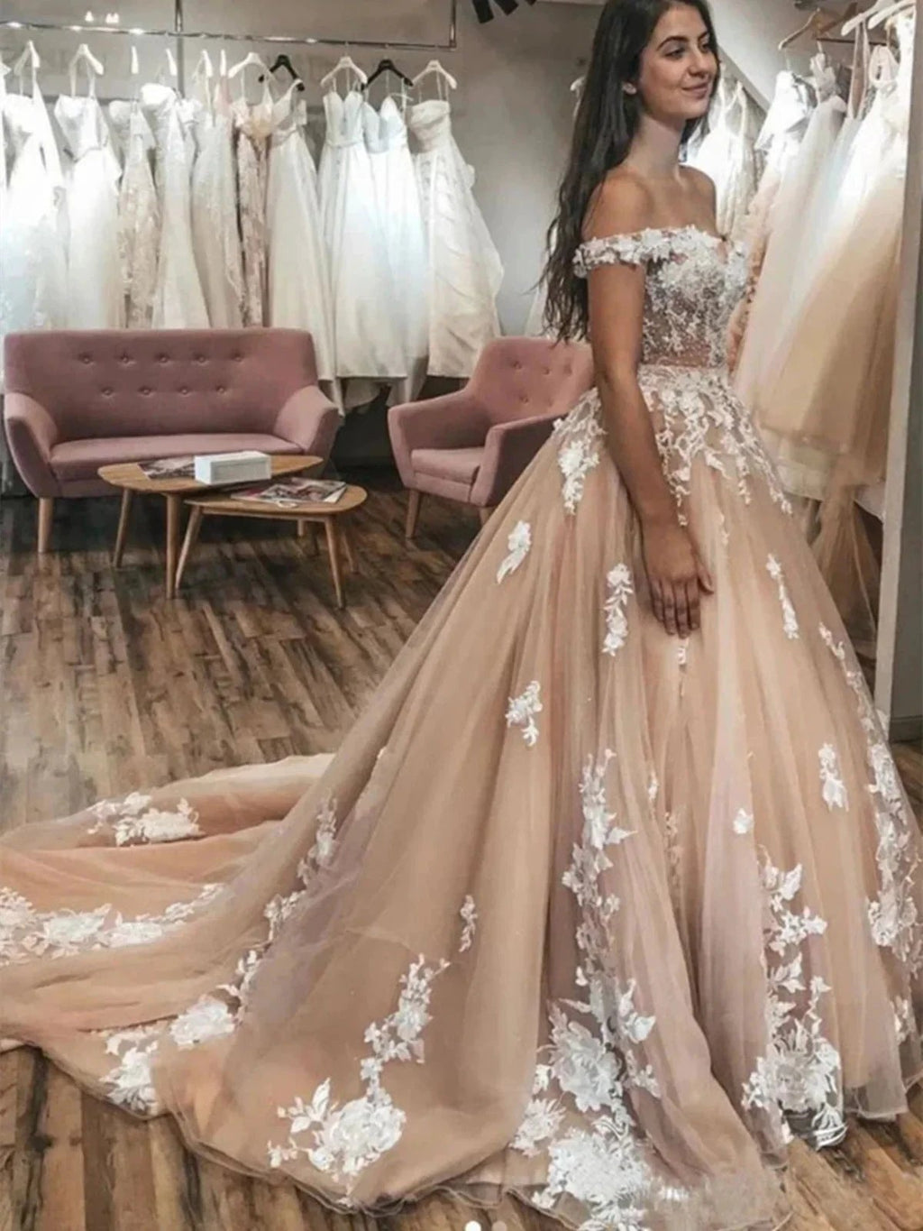 Elegant Long A-line Off the Shoulder Tulle Lace Graduation Prom Dresses by BIZTUNNEL
